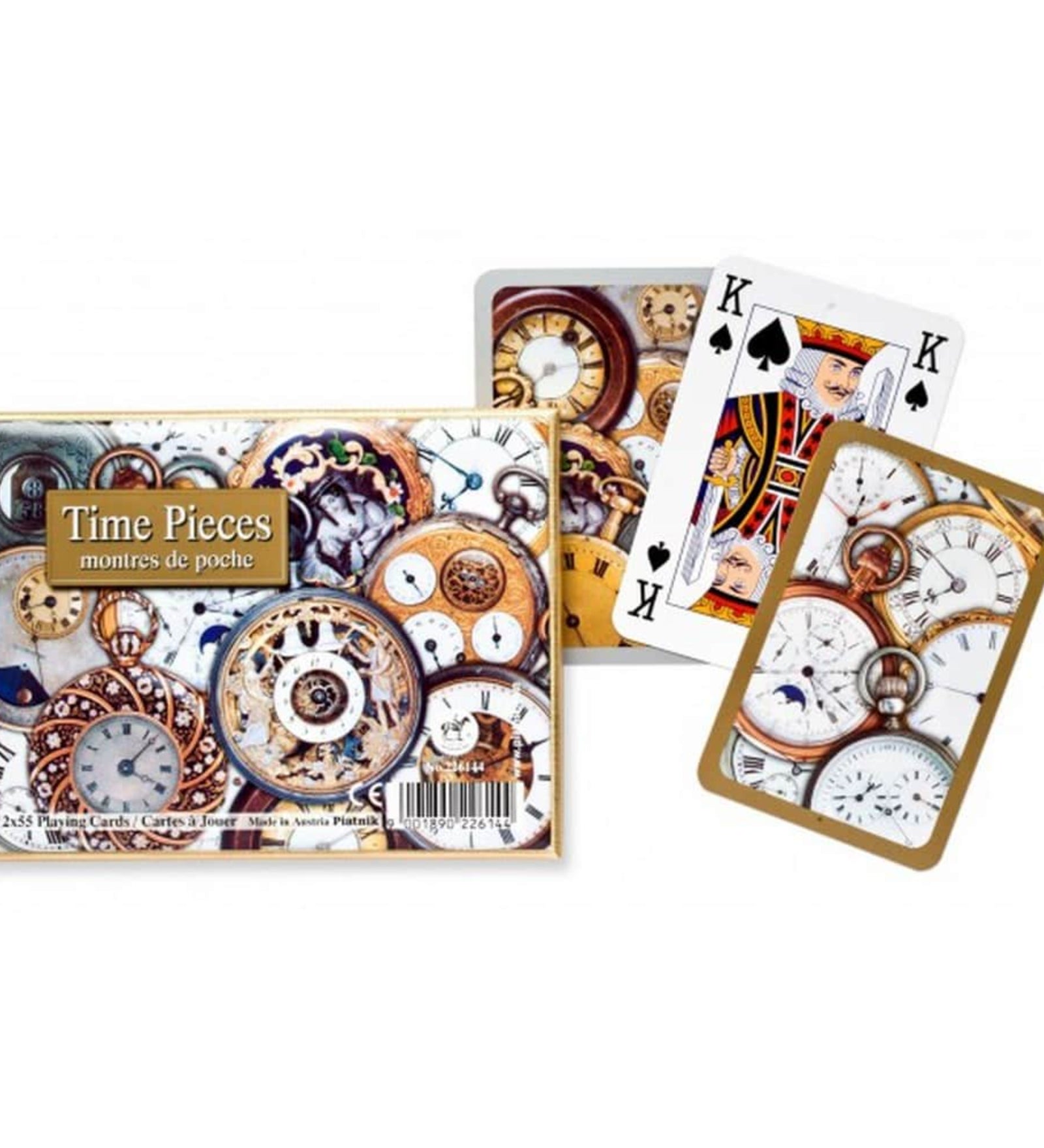 Francia kártya 2x55-ös „Time Pieces” készlet díszdobozzal, klasszikus zsebórákat és óraszerkezeteket ábrázoló részletgazdag grafikákkal díszített játékkártyákkal.