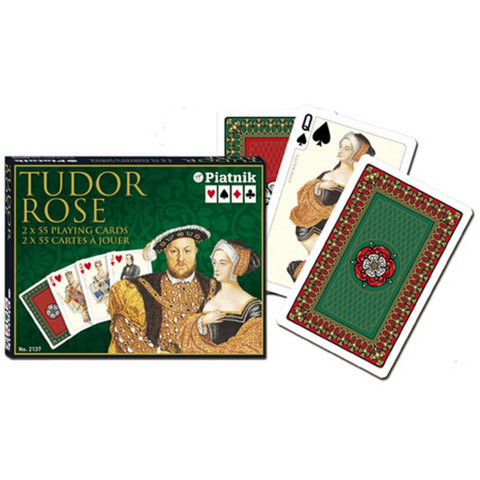 Francia kártya 2x55-ös „Tudor Rose” készlet díszdobozzal, Tudor-kori portrékkal és díszes rózsamintás hátlappal.