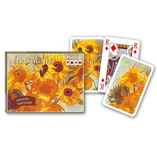Francia kártya 2x55-ös „Van Gogh Sunflowers” készlet díszdobozzal, napraforgós impresszionista festményeket ábrázoló élénk művészeti grafikákkal.