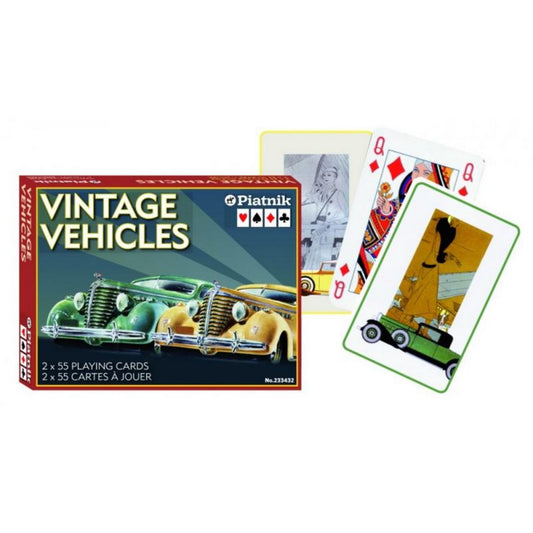 Francia kártya 2x55-ös „Vintage Vehicles” készlet díszdobozzal, klasszikus veterán autókat és retro járműveket ábrázoló grafikákkal díszített játékkártyákkal.