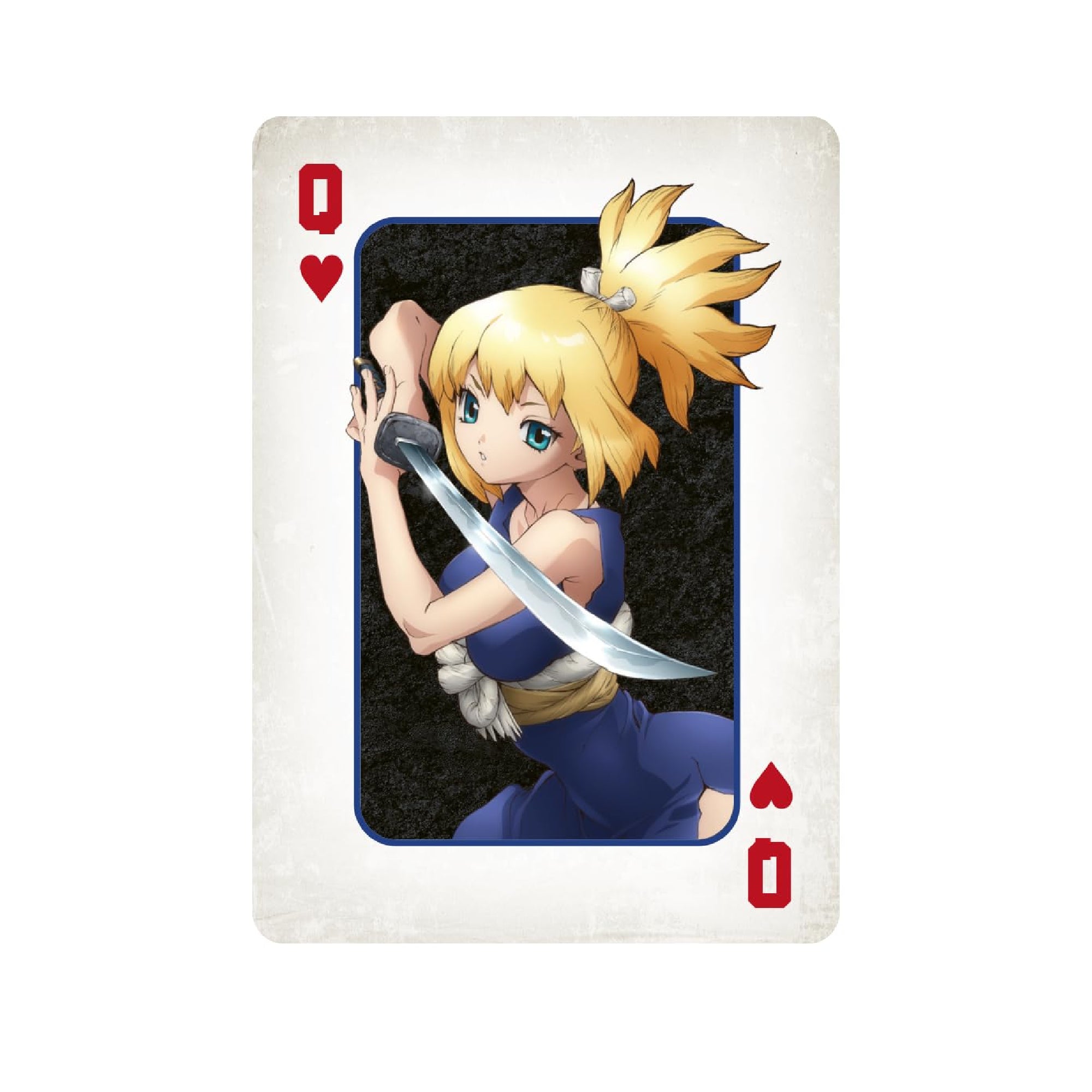 Dr. Stone tematikájú francia kártya Dáma lapja, női anime karakterrel karddal a kezében, kék ruházatban, piros szív színnel és letisztult, világos kártyakerettel.
