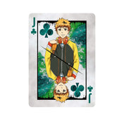 Tokyo Ghoul francia kártya Bubi lapja, fiatal férfi anime karakterrel sárga dzsekiben és fejhallgatóval, zöld festékhatásos háttérrel és tükrözött elrendezéssel.