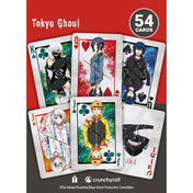 Tokyo Ghoul tematikájú francia kártyapakli több lapja egy képen, Király, Dáma, Bubi és Joker kártyákkal, különböző anime karakterportrékkal, piros háttérrel és „54 cards” jelöléssel.