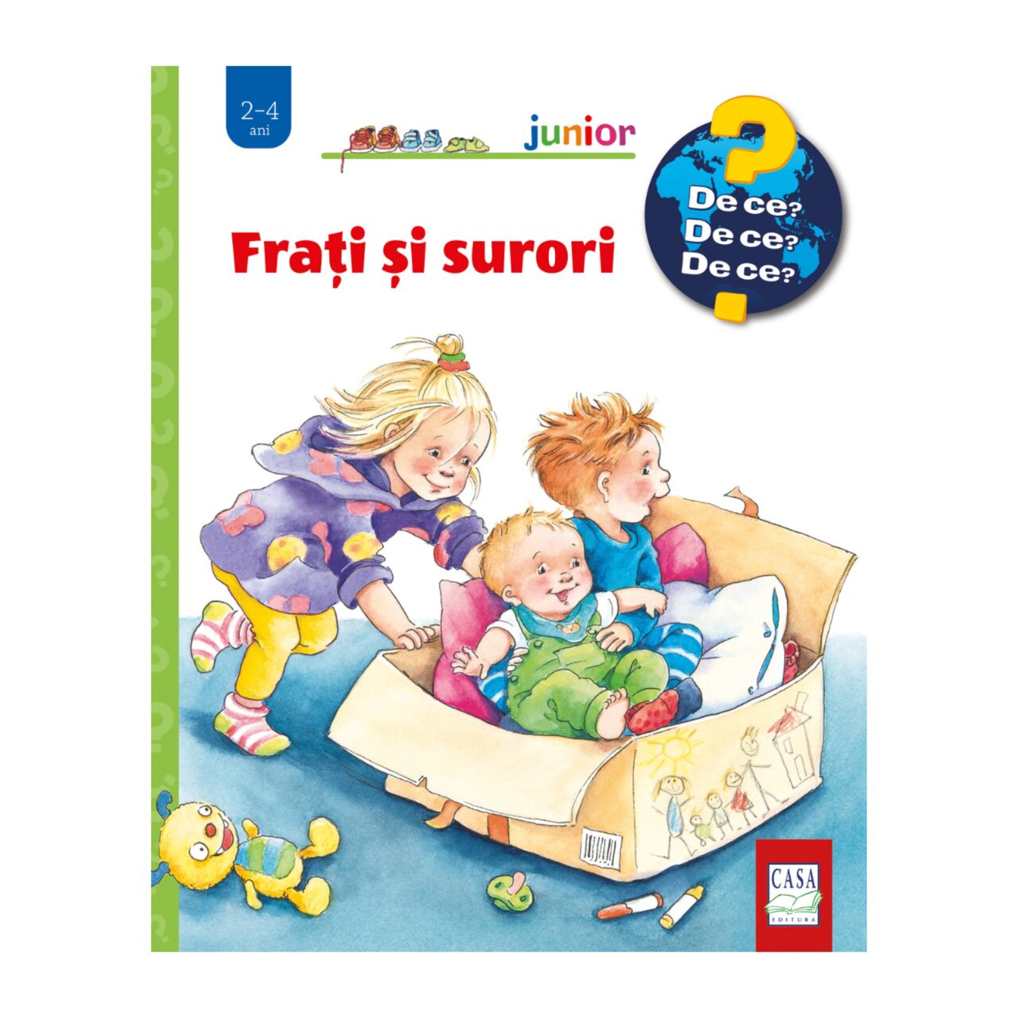 Frați și surori – gyerekkönyv borító, amelyen egy kislány és kisfiú egy kartondobozban ülő babát húznak játék közben, körülöttük színes játékok hevernek.