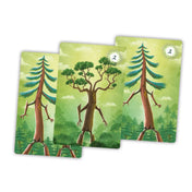 Freigard társasjáték kártyák, három különböző faóriás karakter illusztrációja erdei háttérrel.