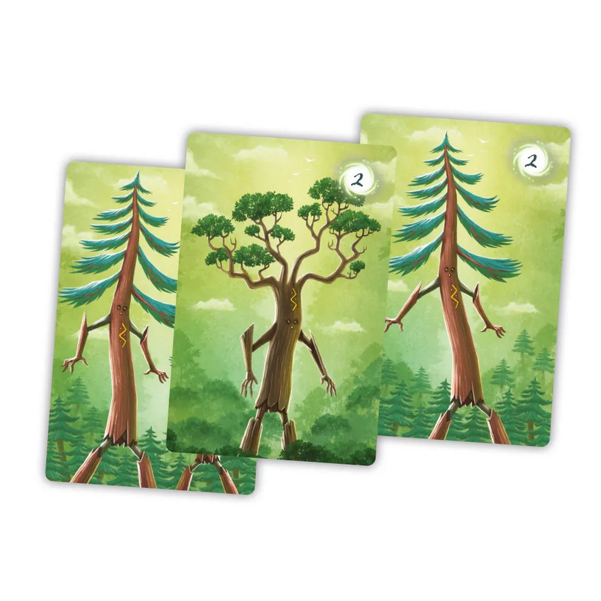 Freigard társasjáték kártyák, három különböző faóriás karakter illusztrációja erdei háttérrel.