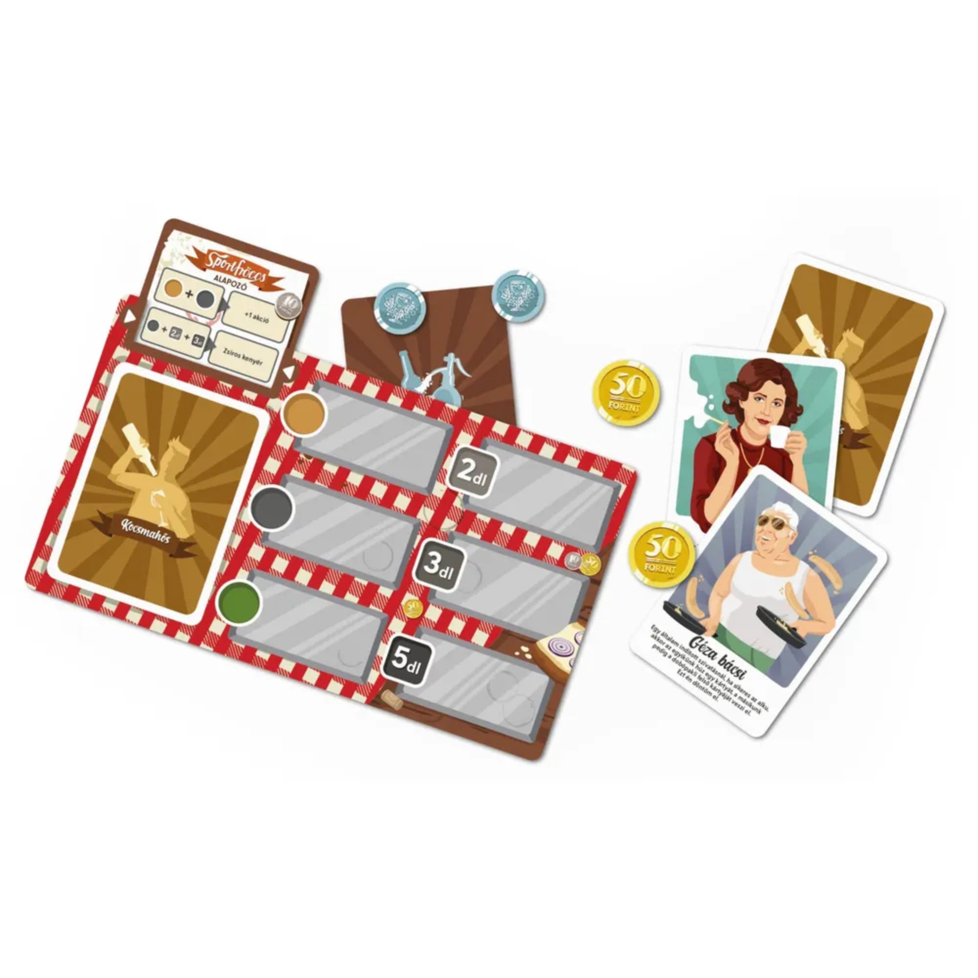 Sportfröccs társasjáték játéktartozékai, kocsmacél-tábla, fröccsjelölők, karakterkártyák és pénzérmék.