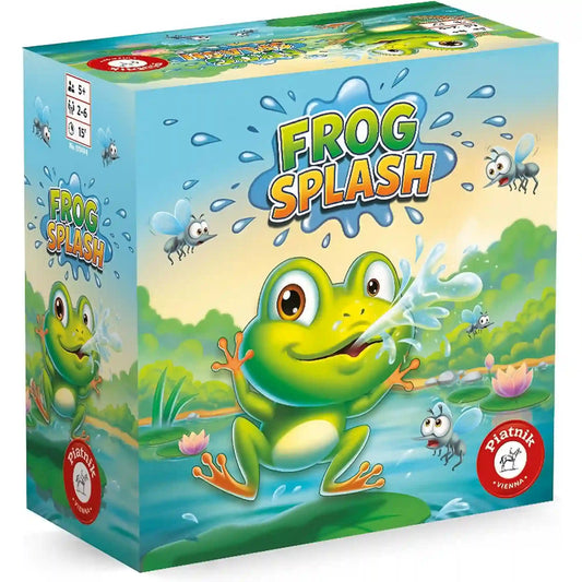 A Frog Splash társasjáték doboza vidám grafikával, amelyen egy mosolygó béka vízsugarat spriccel a levegőbe, miközben legyek repkednek körülötte egy tavacskás környezetben. A színes dobozkép jól tükrözi a játék gyors, ügyességi és családi hangulatát.