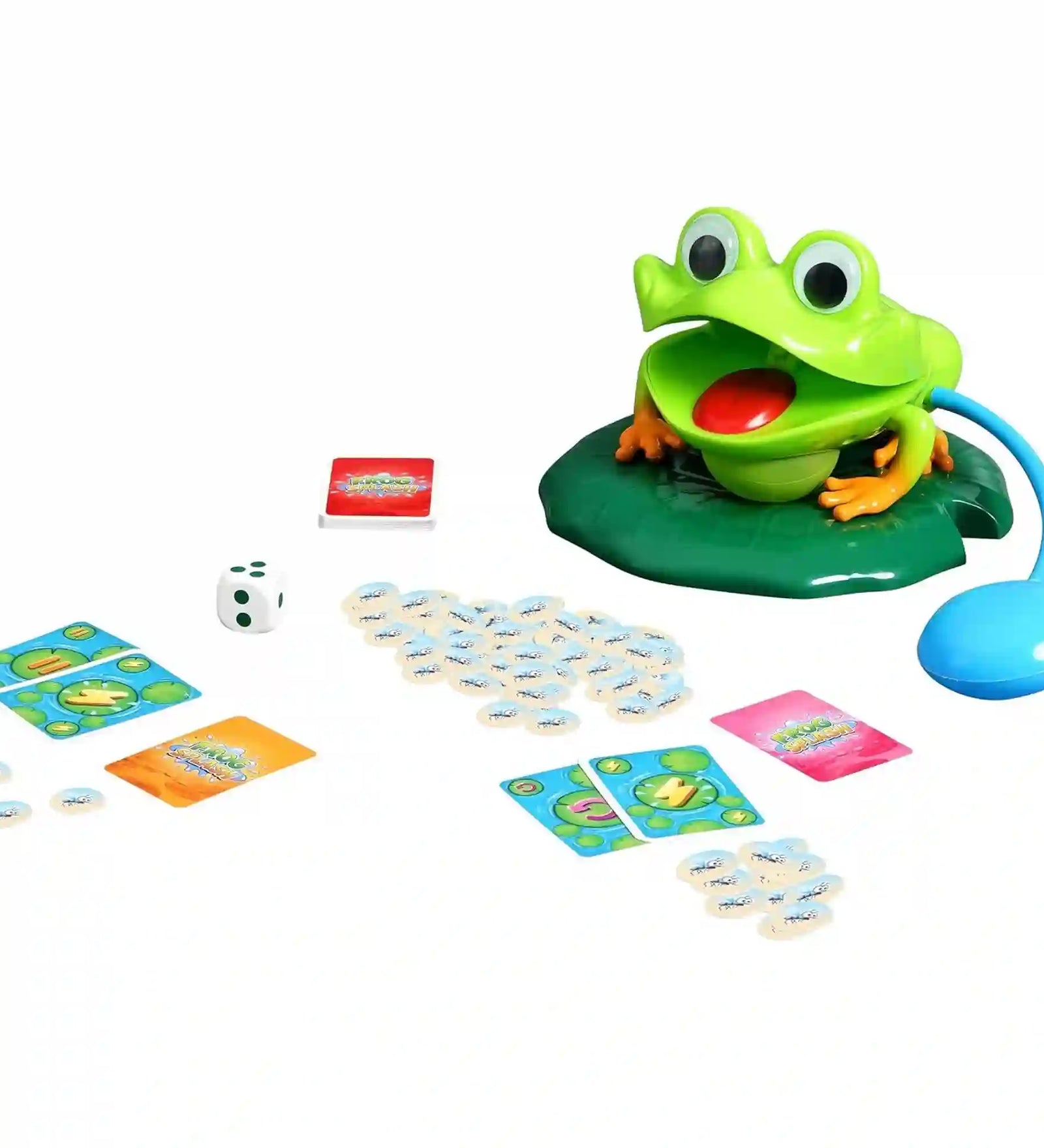 A Frog Splash társasjáték teljes tartalma: béka alakú ügyességi játékelem tavirózsalevélen, dobókocka, játékkártyák, zsetonok és egyéb kiegészítők. A kép bemutatja a játék fő elemeit, amelyekkel a játékosok gyorsaságukat és ügyességüket tehetik próbára.