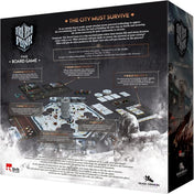 A Frostpunk: The Board Game társasjáték dobozának hátoldala, részletes játéktábla-elrendezéssel és szöveges leírással, amely a játék célját és fő mechanizmusait mutatja be: a város túlélése a dermesztő hidegben.