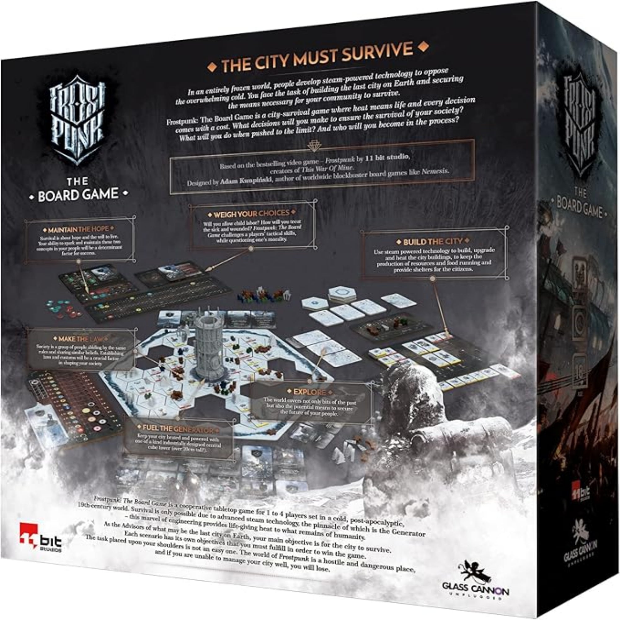 A Frostpunk: The Board Game társasjáték dobozának hátoldala, részletes játéktábla-elrendezéssel és szöveges leírással, amely a játék célját és fő mechanizmusait mutatja be: a város túlélése a dermesztő hidegben.