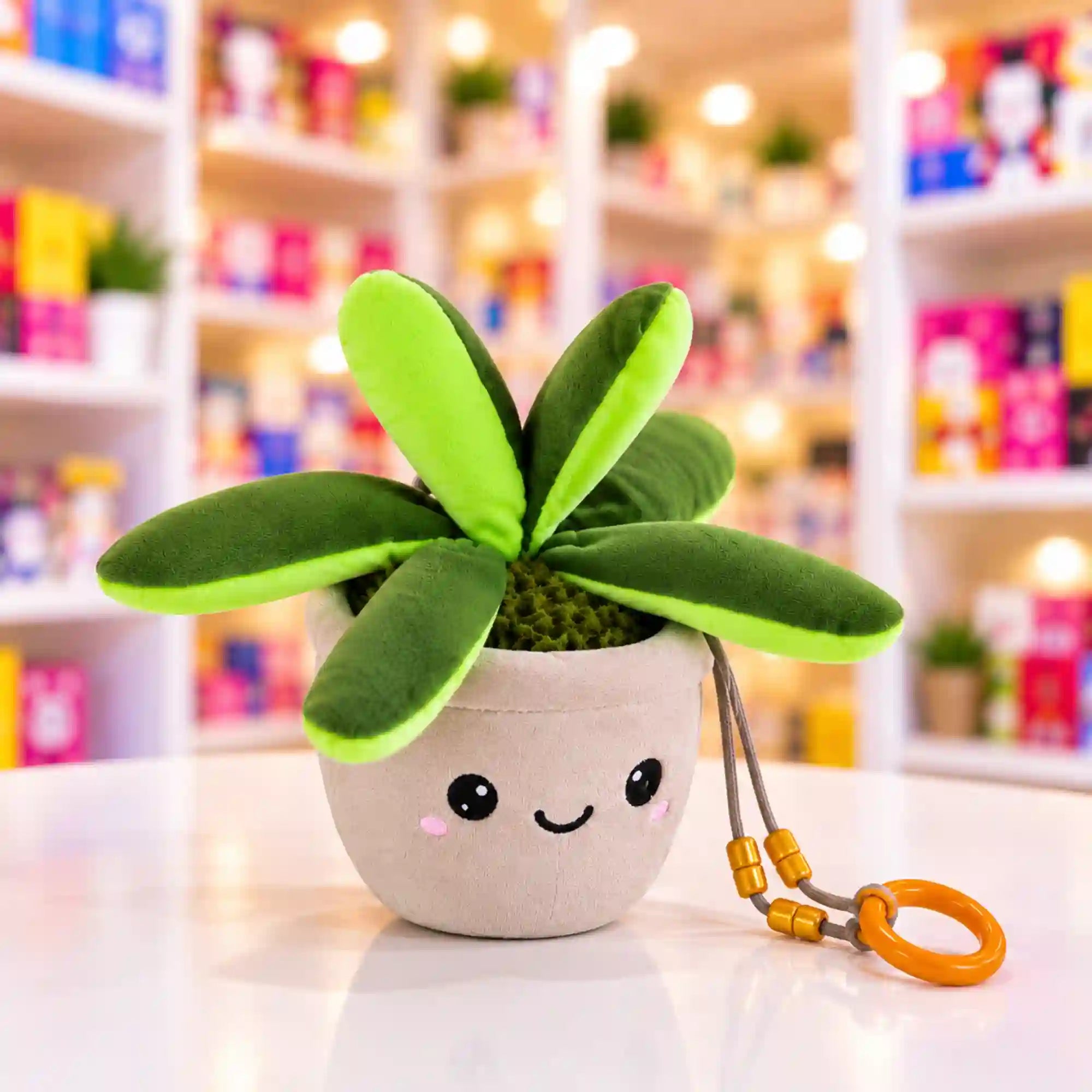 Függő cserepes növény plüssfigura – mosolygós kaspóval, zöld levelekkel és akasztógyűrűvel.