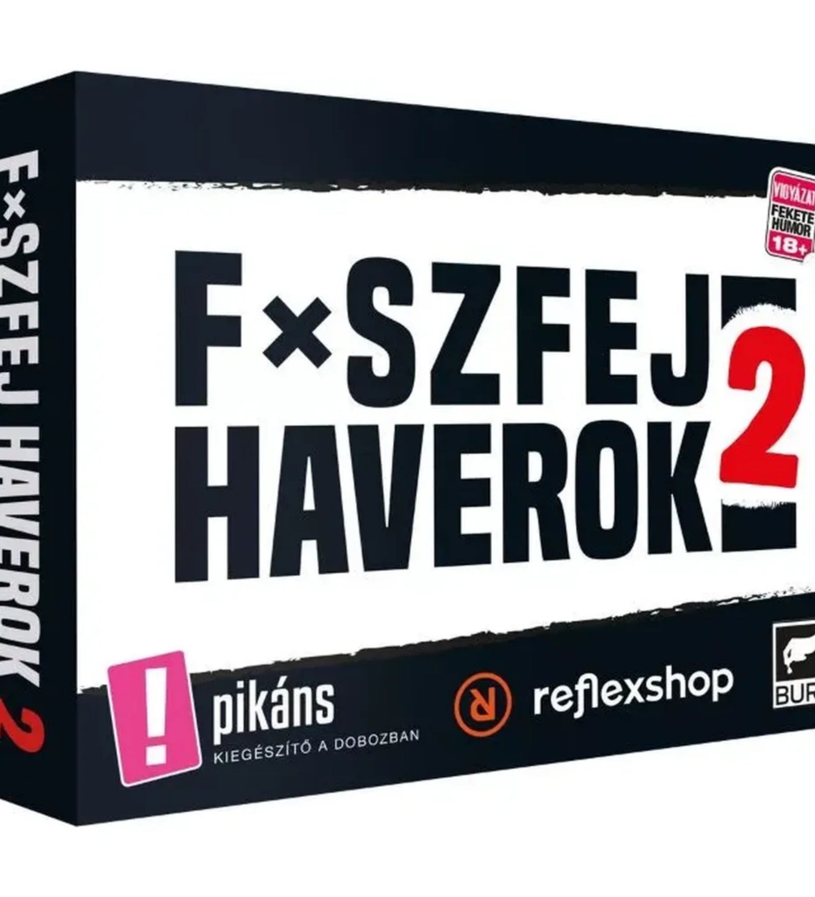 Fxszfej haverok 2 magyar nyelvű társasjáték doboza perspektívából, nagy „2” számmal, Reflexshop és BuRó logóval, fekete háttéren fehér felirattal.