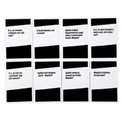 Fxszfej haverok 2 társasjáték kérdéskártyái kiterítve, provokatív és humoros szövegekkel ellátott fekete-fehér lapdizájnnal.