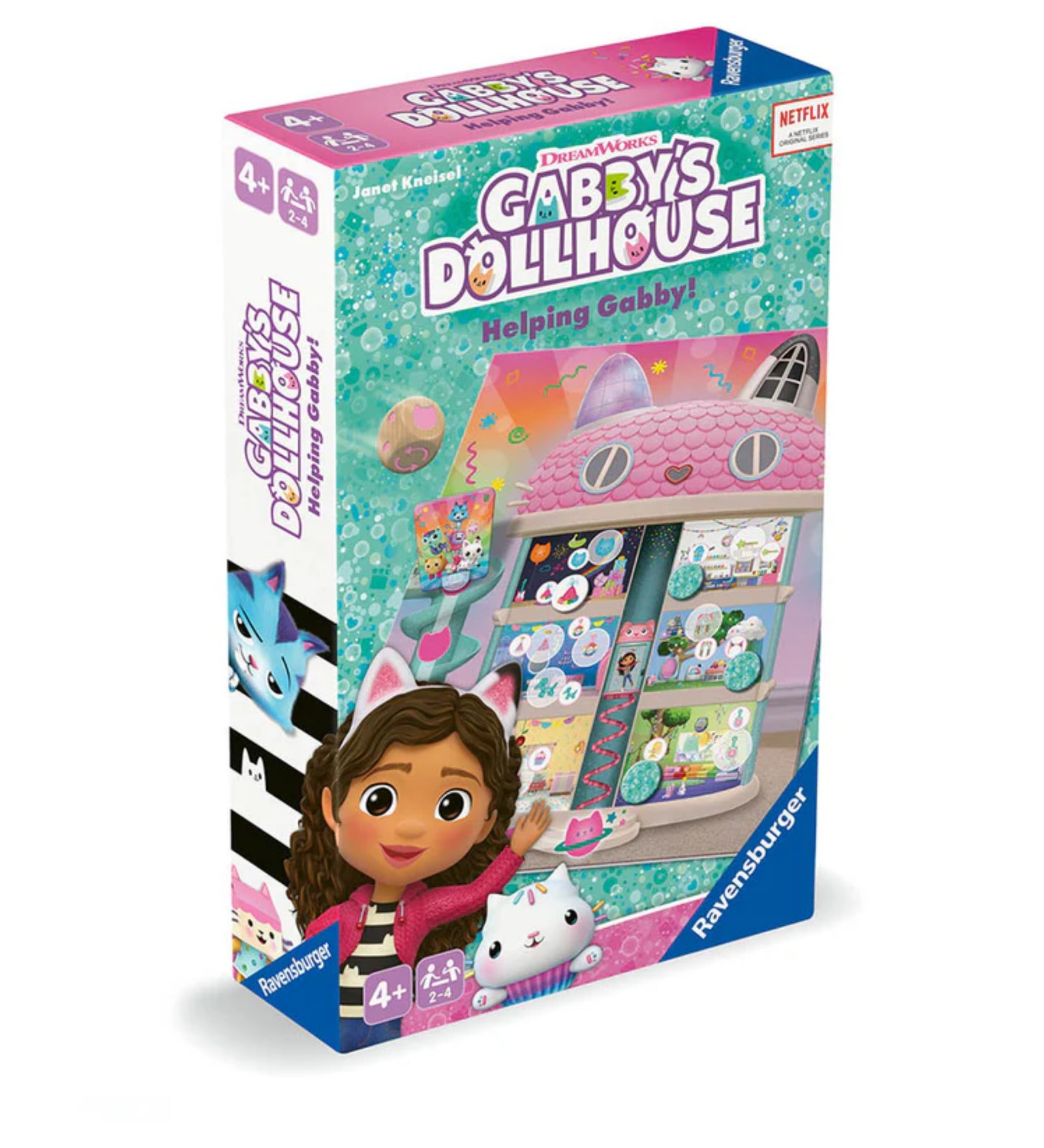 Gabby’s Dollhouse – Helping Gabby! többnyelvű társasjáték doboza, a DreamWorks Netflix-sorozat grafikájával, Gabby és cicabarátai illusztrációival, 4 éves kortól ajánlva.