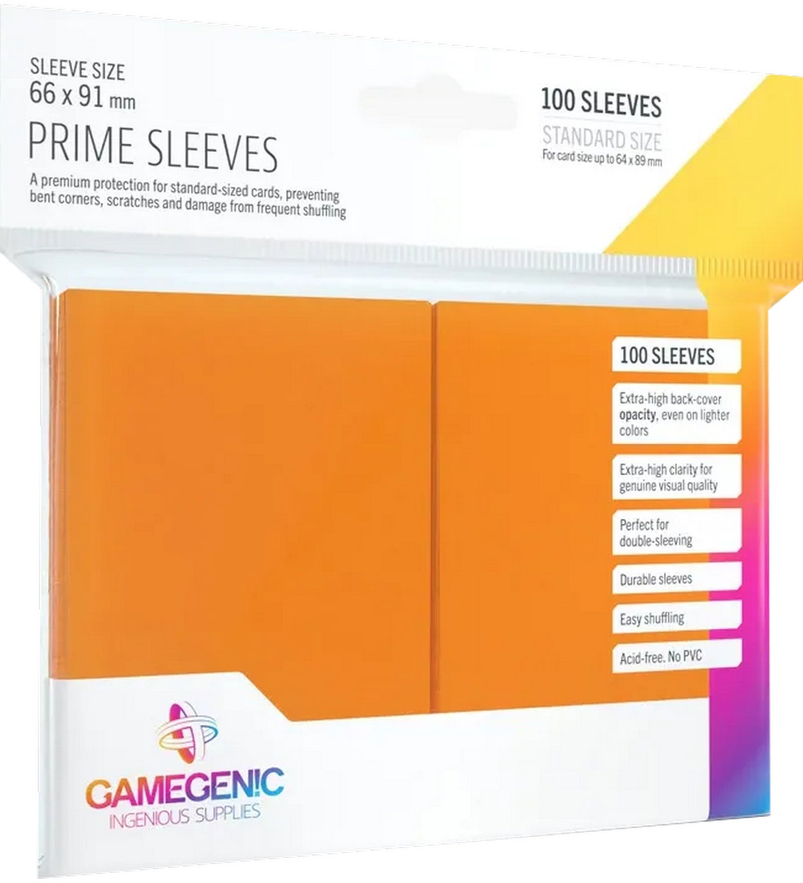 A Gamegenic Matte Prime Sleeves Orange 100 darabos kártyavédő csomagja, 66×91 mm méretben. Narancssárga hátlapú, savmentes, PVC-mentes védőtokok, amelyek megóvják a standard méretű kártyákat a hajlástól, karcolásoktól és kopástól. Tartós, matt felületű fóliák, ideálisak gyakori keveréshez és dupla védéshez.