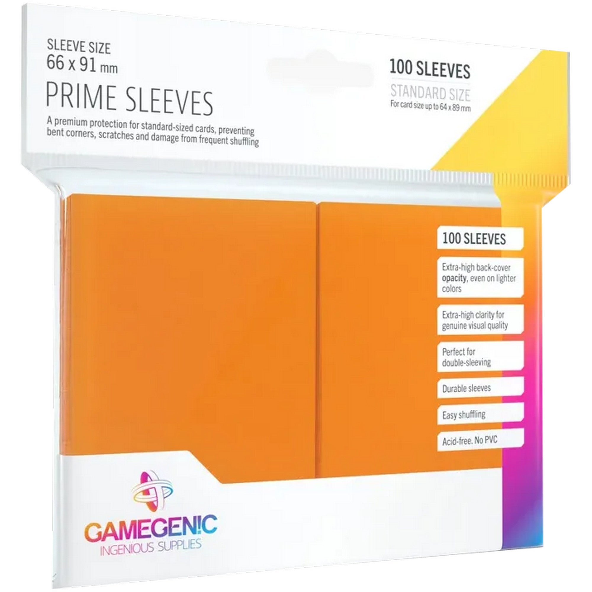 A Gamegenic Matte Prime Sleeves Orange 100 darabos kártyavédő csomagja, 66×91 mm méretben. Narancssárga hátlapú, savmentes, PVC-mentes védőtokok, amelyek megóvják a standard méretű kártyákat a hajlástól, karcolásoktól és kopástól. Tartós, matt felületű fóliák, ideálisak gyakori keveréshez és dupla védéshez.