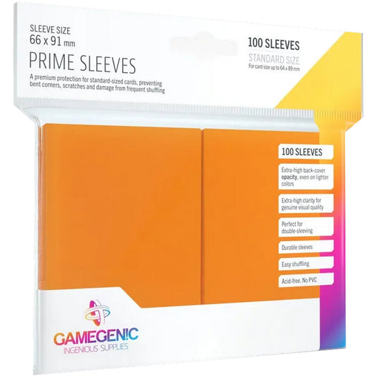 A Gamegenic Matte Prime Sleeves Orange 100 darabos kártyavédő csomagja, 66×91 mm méretben. Narancssárga hátlapú, savmentes, PVC-mentes védőtokok, amelyek megóvják a standard méretű kártyákat a hajlástól, karcolásoktól és kopástól. Tartós, matt felületű fóliák, ideálisak gyakori keveréshez és dupla védéshez.