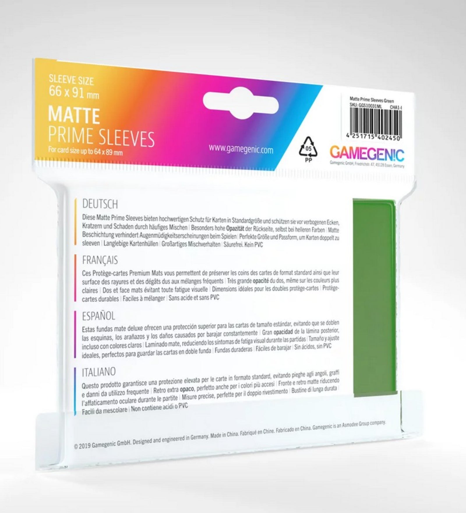 Gamegenic Matte Prime Sleeves 66x91 mm zöld kártyavédő hátoldali csomagolás, többnyelvű leírással és 100 darabos kiszereléssel.