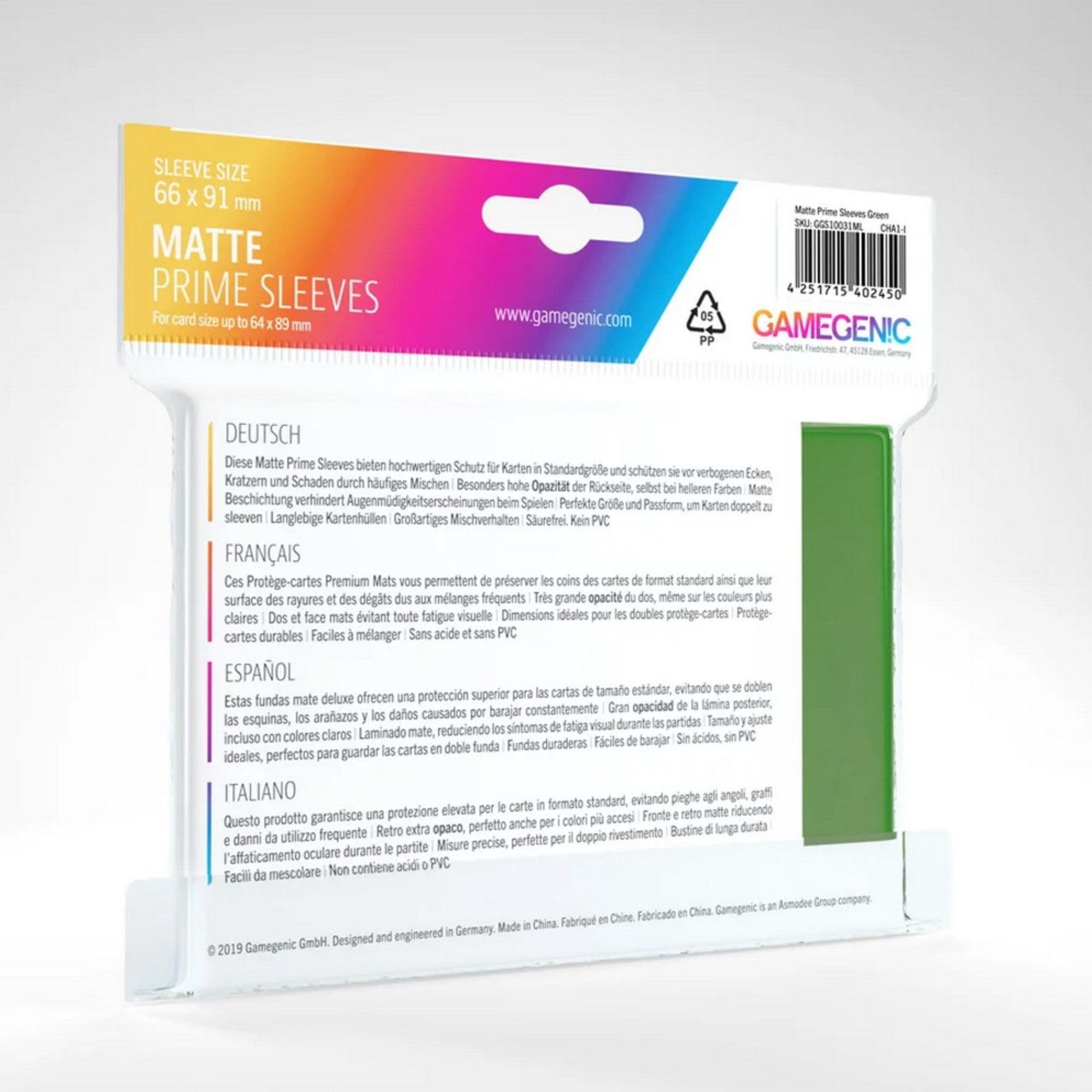 Gamegenic Matte Prime Sleeves 66x91 mm zöld kártyavédő hátoldali csomagolás, többnyelvű leírással és 100 darabos kiszereléssel.