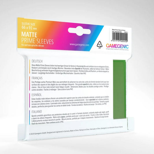 Gamegenic Matte Prime Sleeves 66x91 mm zöld kártyavédő hátoldali csomagolás, többnyelvű leírással és 100 darabos kiszereléssel.