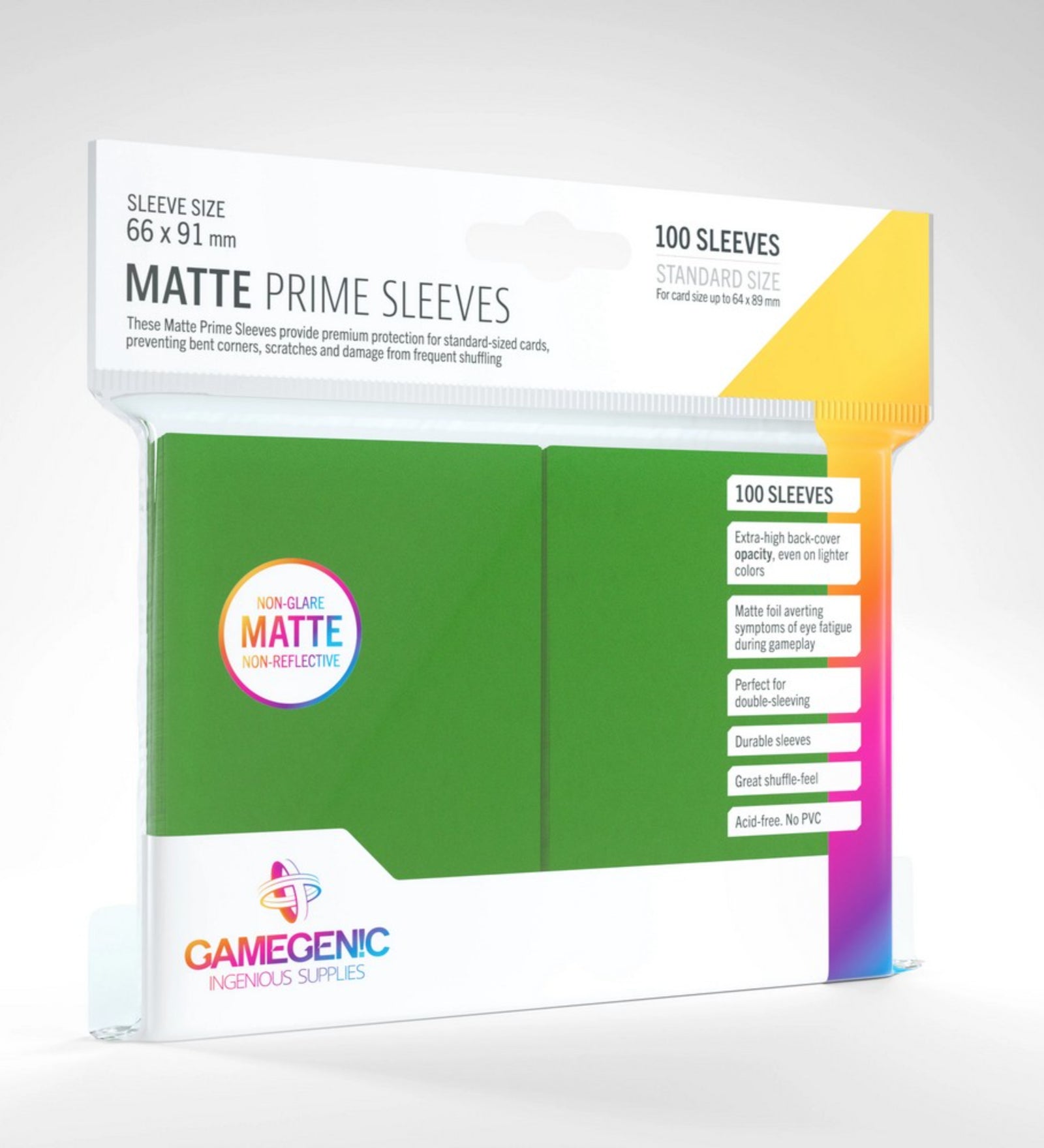Gamegenic Matte Prime Sleeves 66x91 mm zöld, 100 db standard méretű matt kártyavédő, nem tükröződő felülettel és magas fedésű hátlappal.
