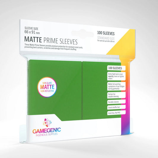 Gamegenic Matte Prime Sleeves 66x91 mm zöld, 100 db standard méretű matt kártyavédő, nem tükröződő felülettel és magas fedésű hátlappal.