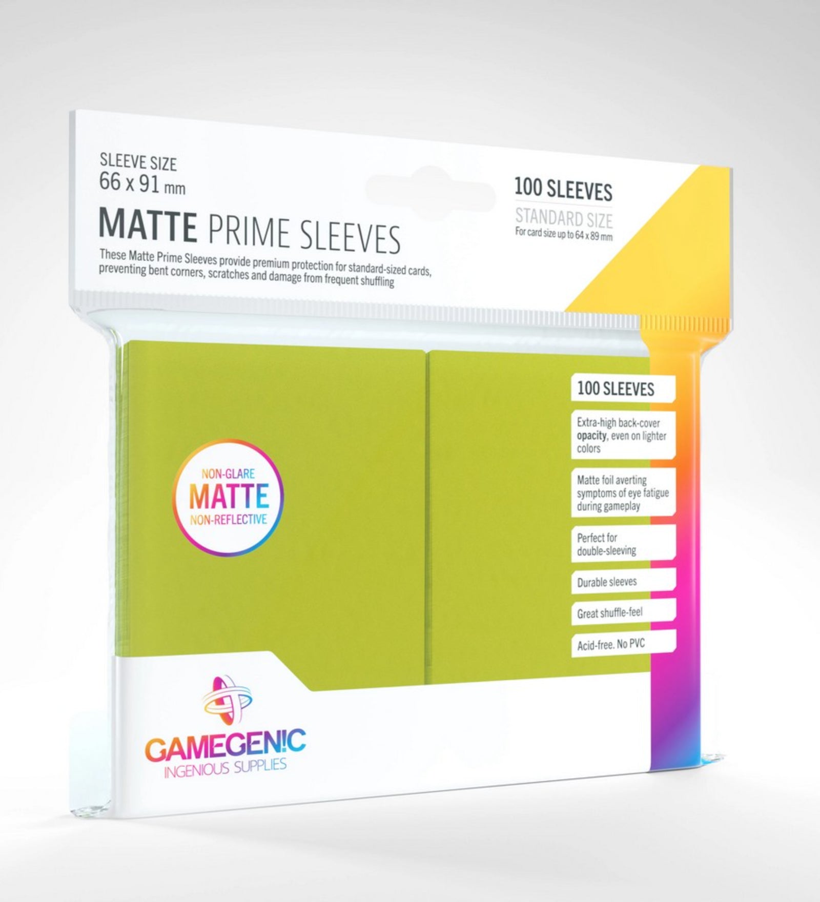 Gamegenic Matte Prime zöld (lime) standard méretű kártyavédő sleeve (100 db) – 66×91 mm-es, matt felületű, nem tükröződő lime színű kártyavédők, prémium védelem a kártyák élettartamának meghosszabbítására.