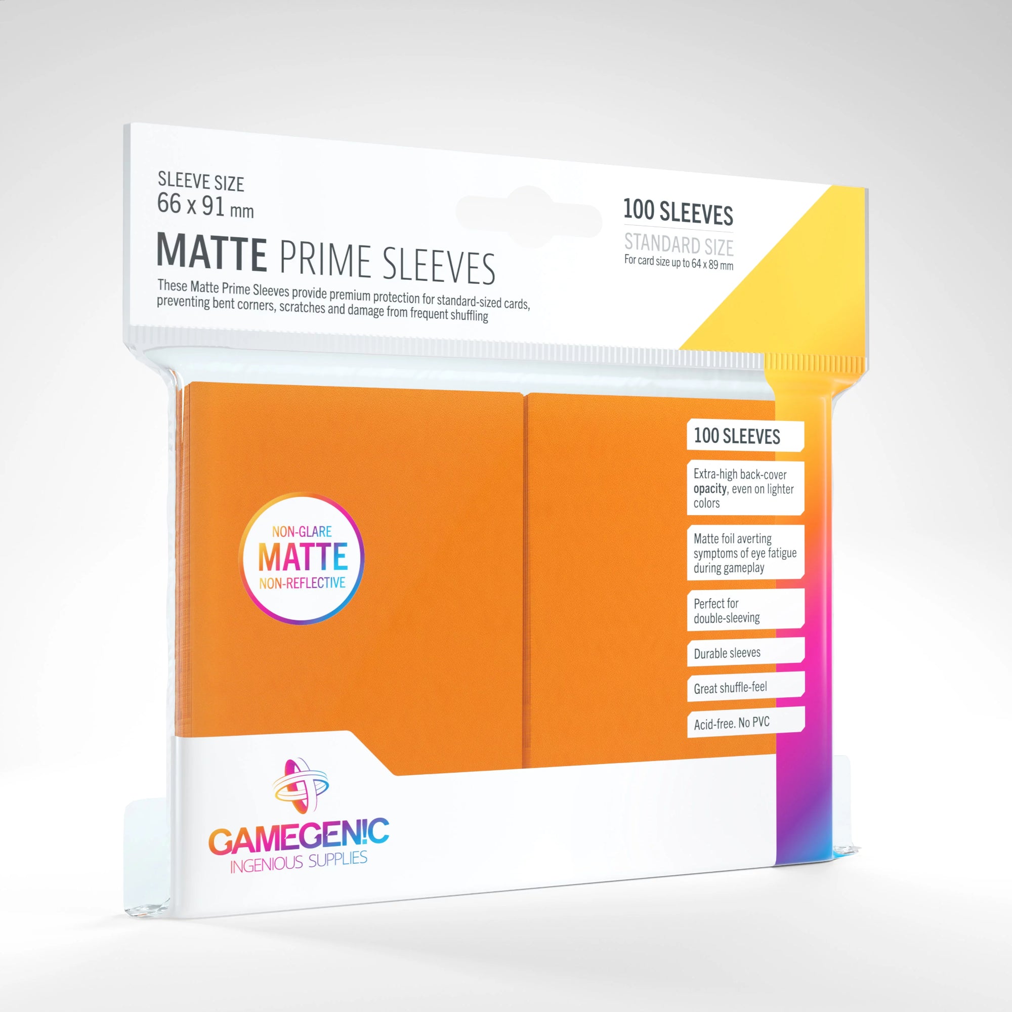 Gamegenic Matte Prime Sleeves 66x91 mm (100 db) – narancssárga hátlapú, savmentes, PVC-mentes, prémium minőségű standard kártyavédő tasak.