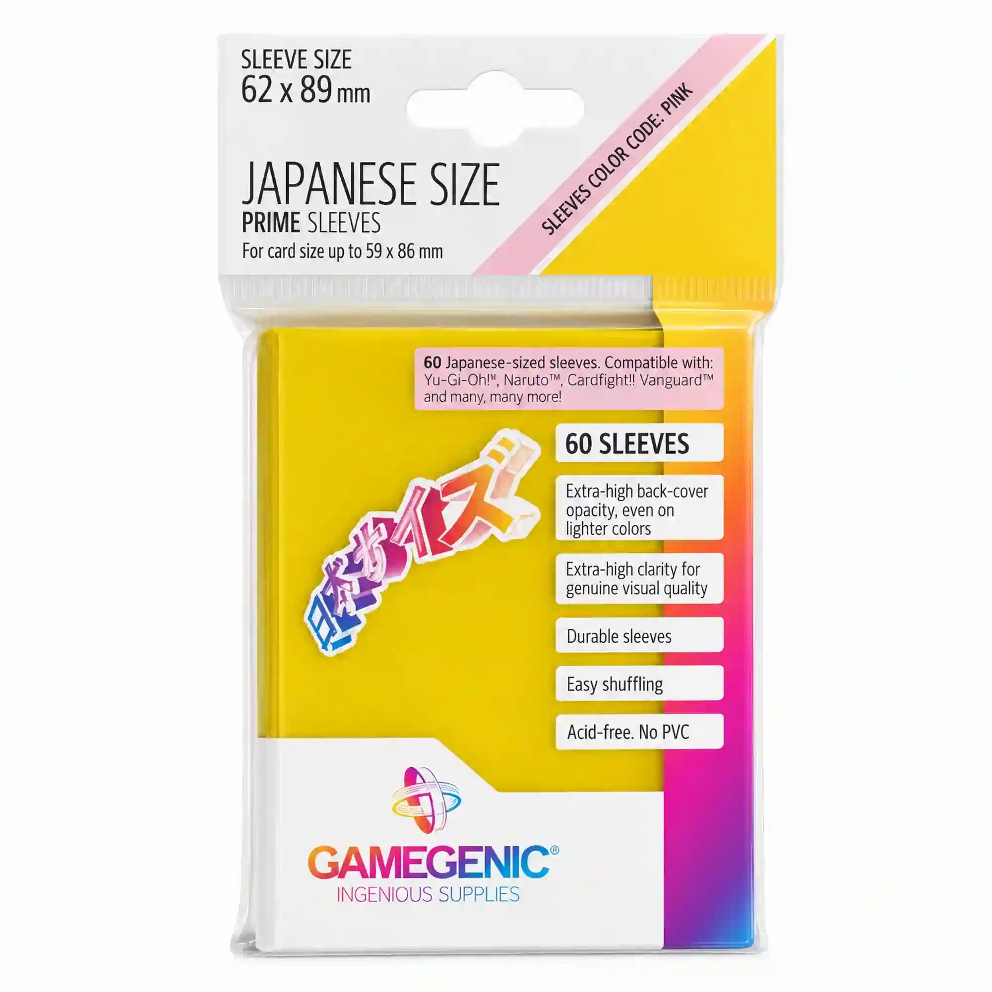 Gamegenic Japanese Size Prime Sleeves – 62 × 89 mm-es, sárga színű kártyavédő tasakok 60 darabos csomagolásban, fehér háttéren.