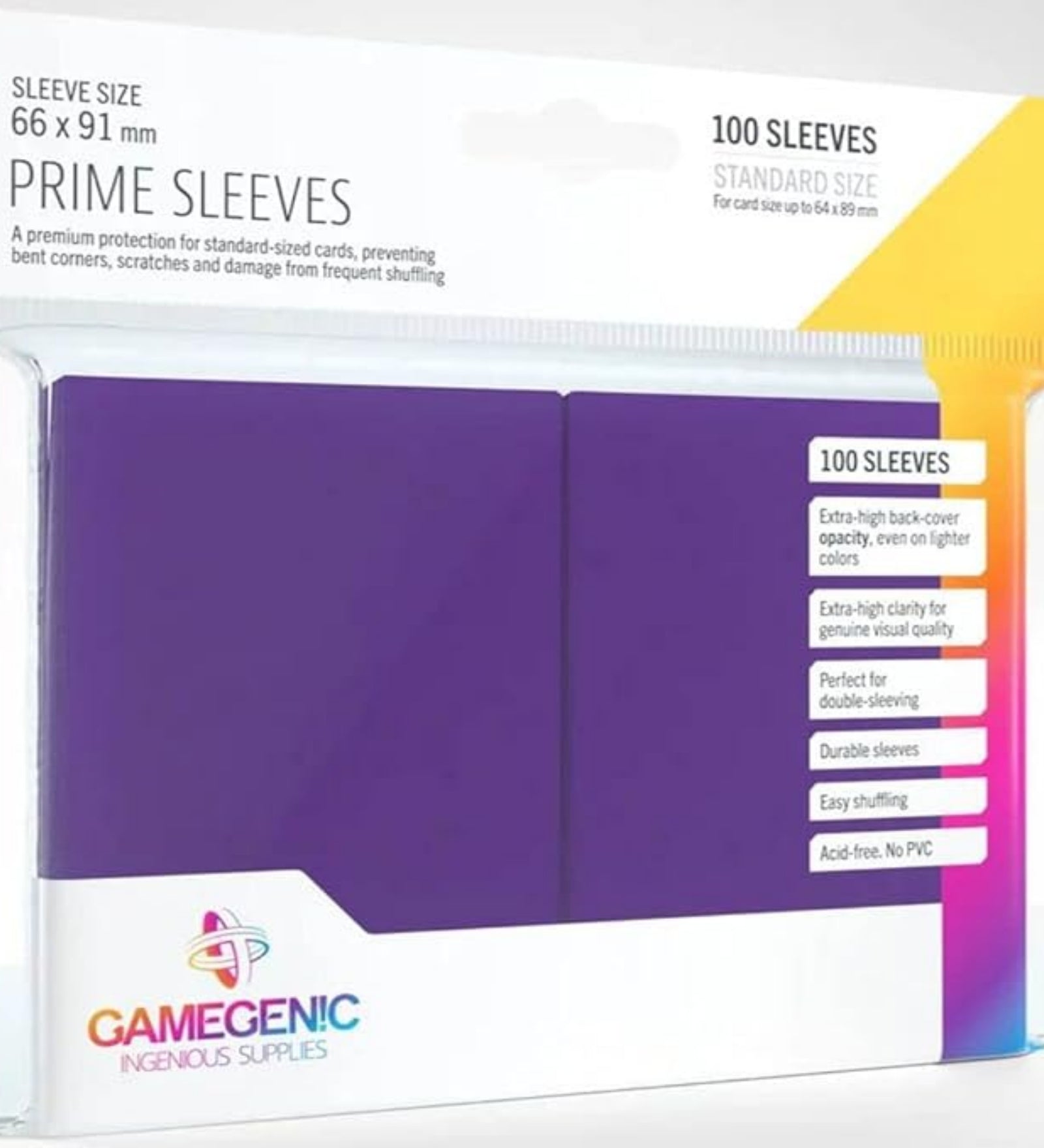 Gamegenic Prime Sleeves 100 darabos lila kártyavédő csomag – standard méretű (66 x 91 mm) prémium védőtokok, magas fedőképességgel, dupla védéshez is alkalmas, savmentes, könnyű keverést biztosító kialakítással.