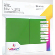 Gamegenic Prime Sleeves Standard Size (zöld) – 66 × 91 mm-es, zöld színű kártyavédő tasakok 100 darabos Gamegenic csomagolásban, fehér háttéren.