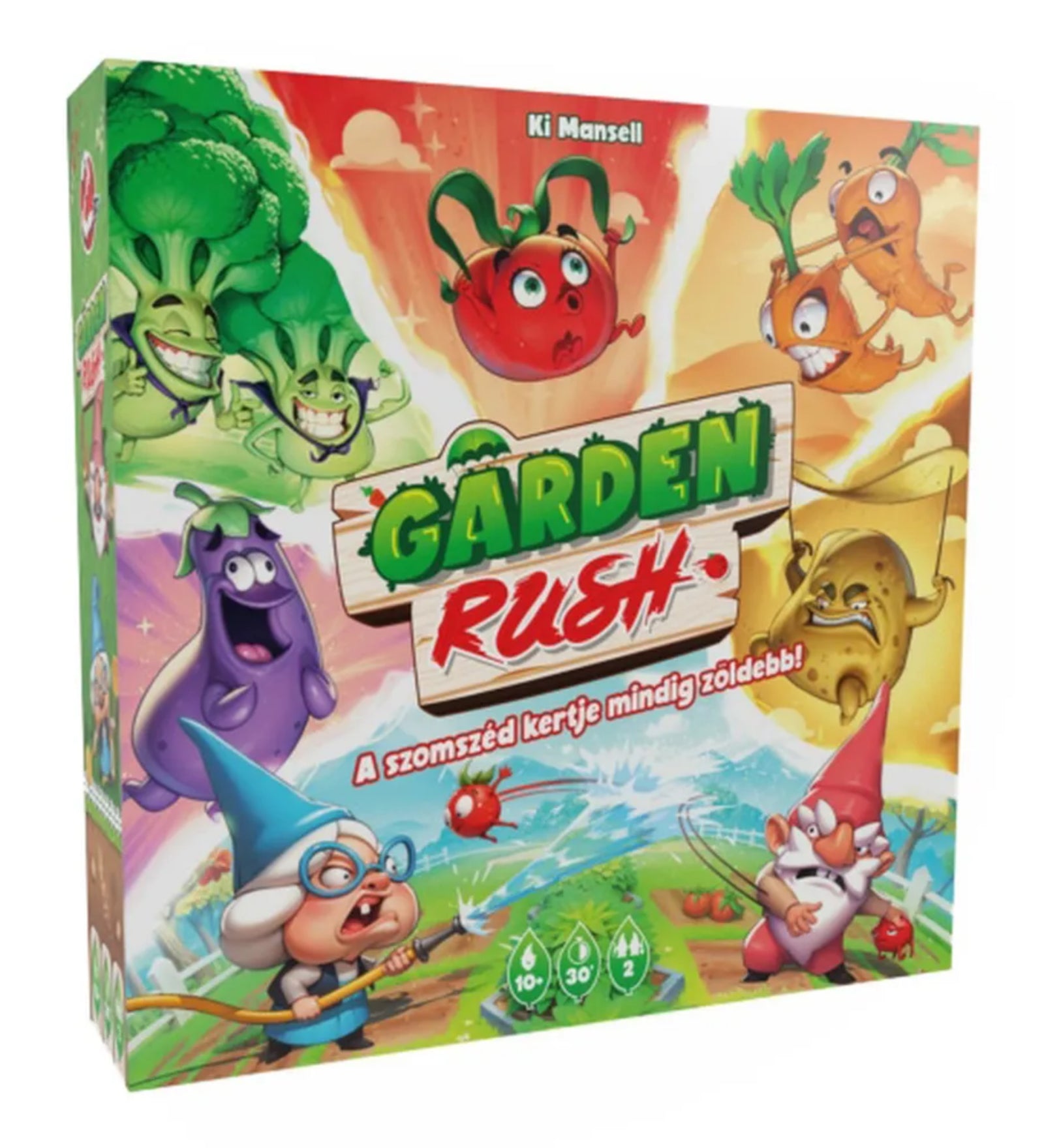 Garden Rush társasjáték színes doboza vidám, rajzfilmes zöldségfigurákkal és locsoló törpékkel, alul a játék főbb információival.