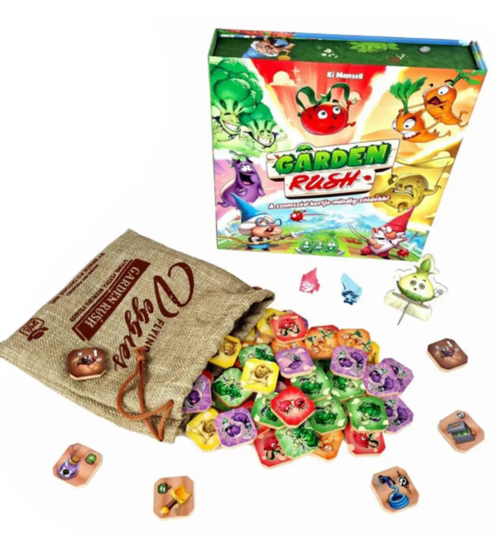 Garden Rush társasjáték doboza kibontva, előtte egy zsákból kiborított színes zöldséges lapkák, játékfigurák és kiegészítők elrendezve.