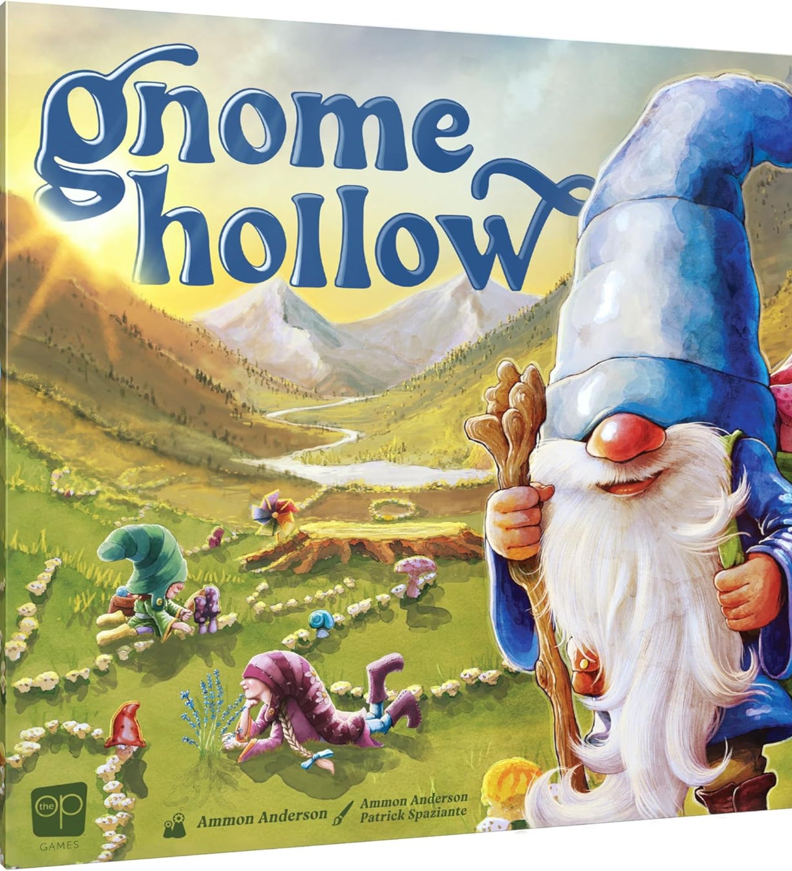  A Gnome Hollow társasjáték színes doboza egy hosszúszakállú törpével és egy virágokkal teli völggyel.