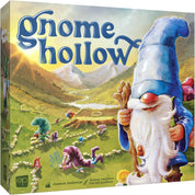  A Gnome Hollow társasjáték színes doboza egy hosszúszakállú törpével és egy virágokkal teli völggyel.