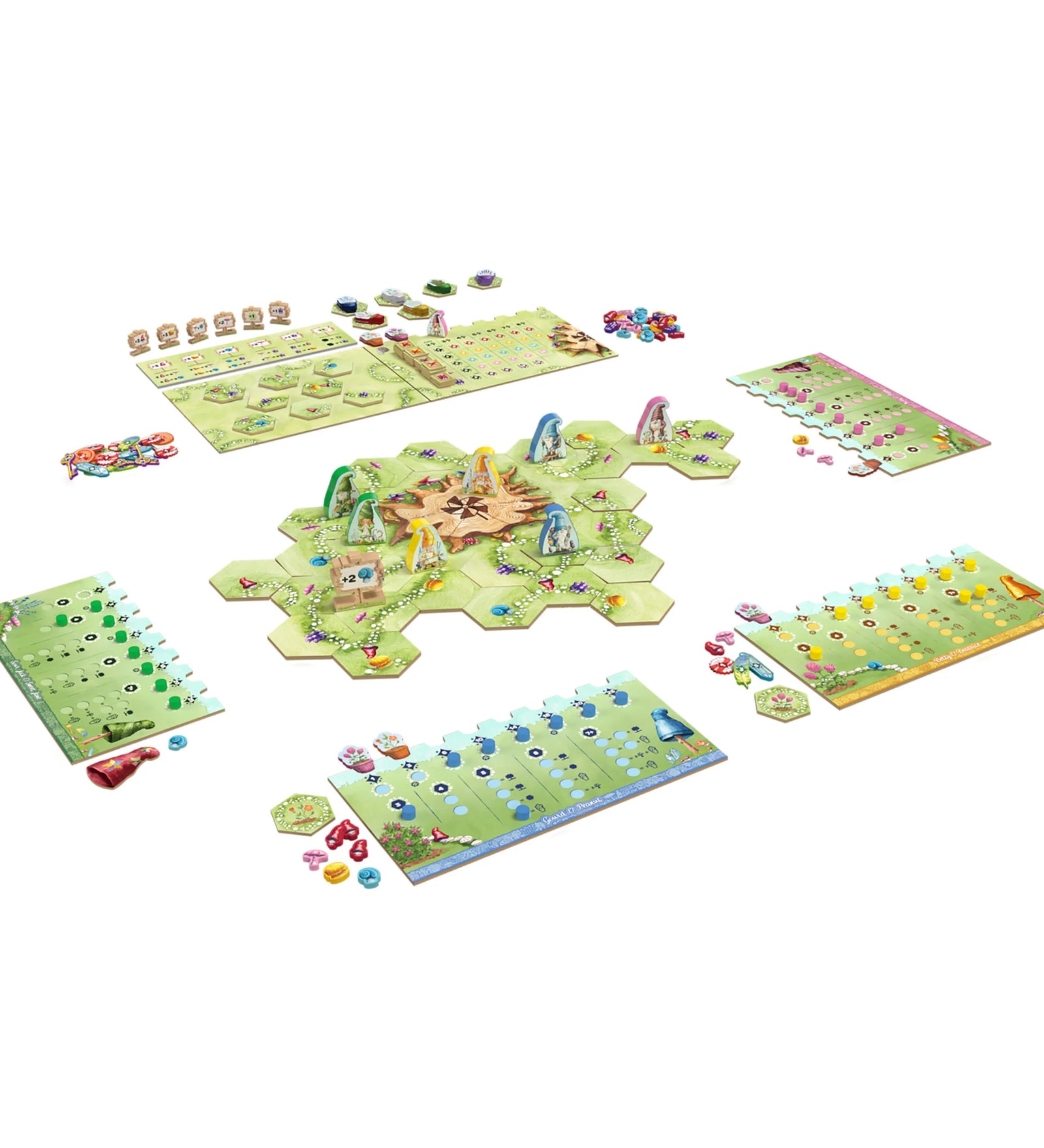 A Gnome Hollow társasjáték teljes játéktérképe játék közben, hexagon lapkákkal, törpe figurákkal és játékostáblákkal.