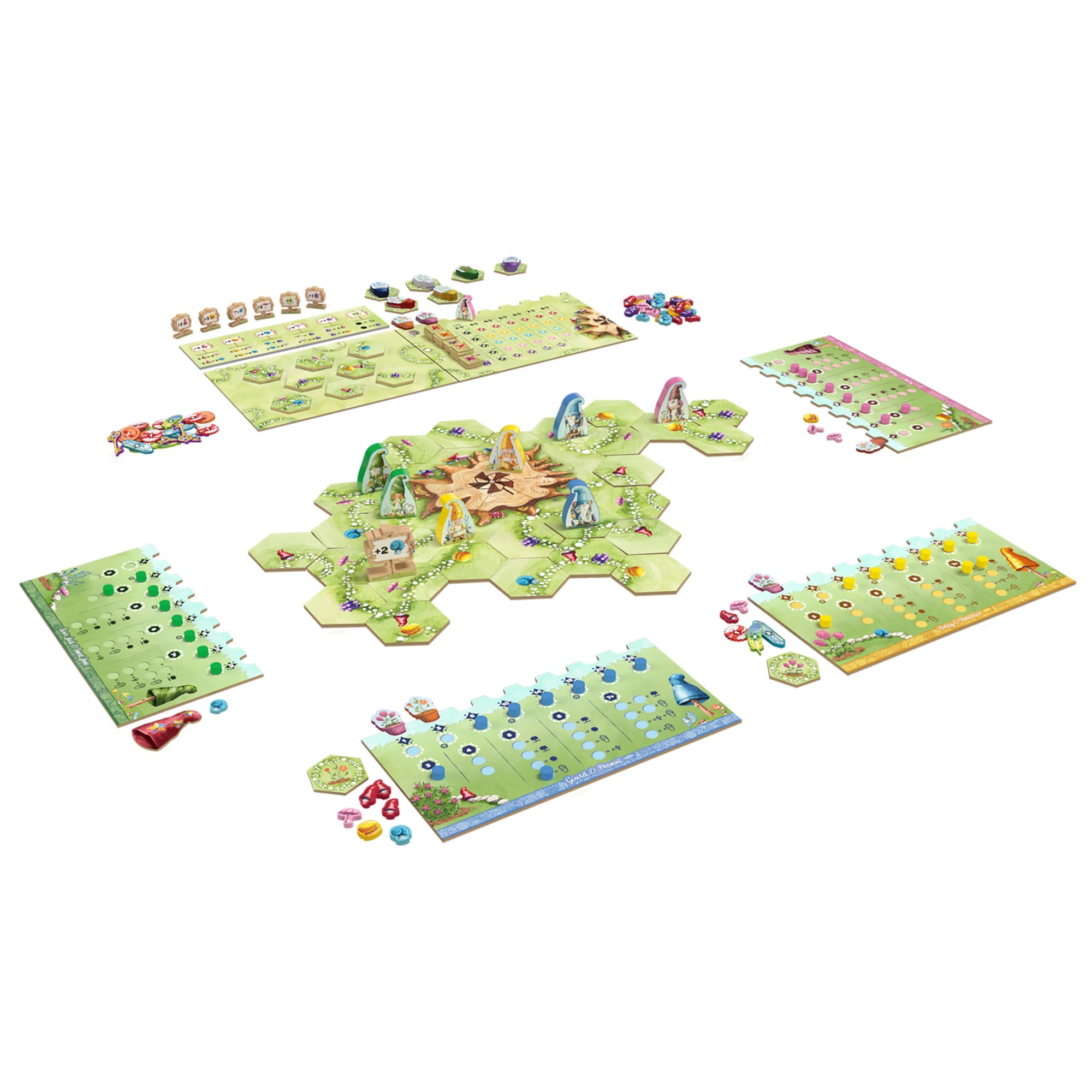 A Gnome Hollow társasjáték teljes játéktérképe játék közben, hexagon lapkákkal, törpe figurákkal és játékostáblákkal.