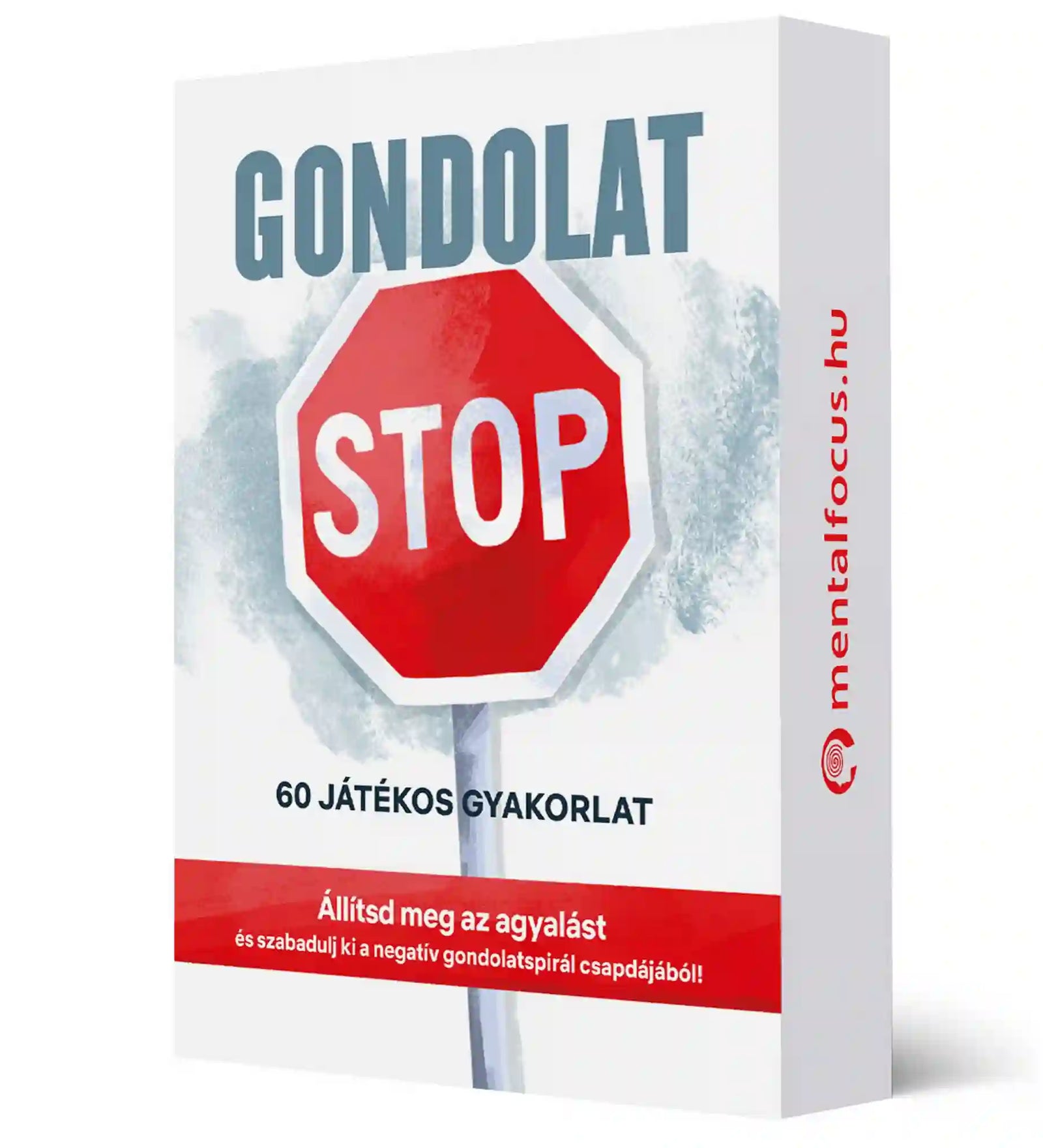 Gondolat STOP – önismereti kártyajáték doboz: Fehér doboz piros STOP táblával és „Gondolat STOP” felirattal, 60 játékos gyakorlatot tartalmazó készlet.