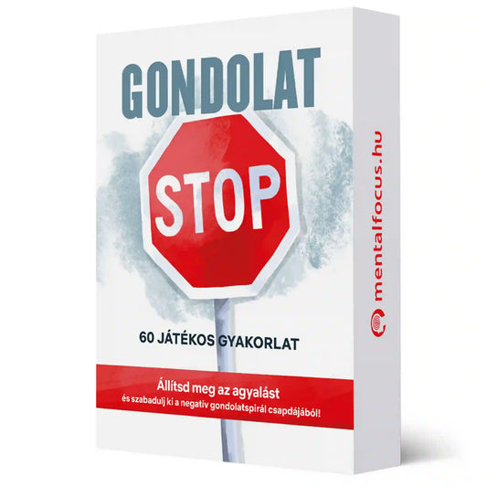 Gondolat STOP – önismereti kártyajáték doboz: Fehér doboz piros STOP táblával és „Gondolat STOP” felirattal, 60 játékos gyakorlatot tartalmazó készlet.