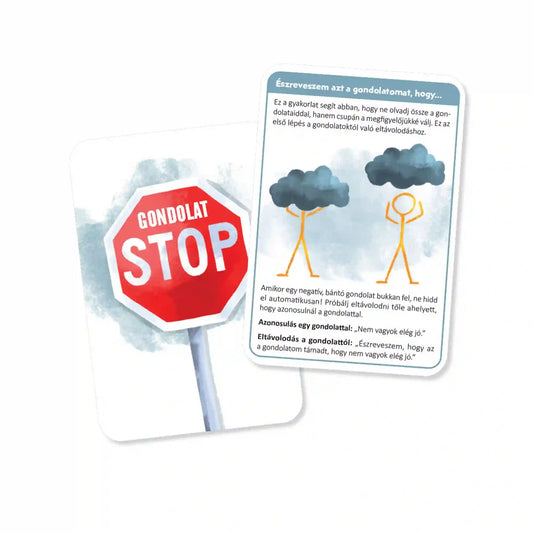 Gondolat STOP – önismereti kártyajáték – STOP és megfigyelés kártyák: Két kártya stop tábla és felhőkkel ábrázolt gondolatokkal, a negatív gondolatok felismerésének és elengedésének segítésére.