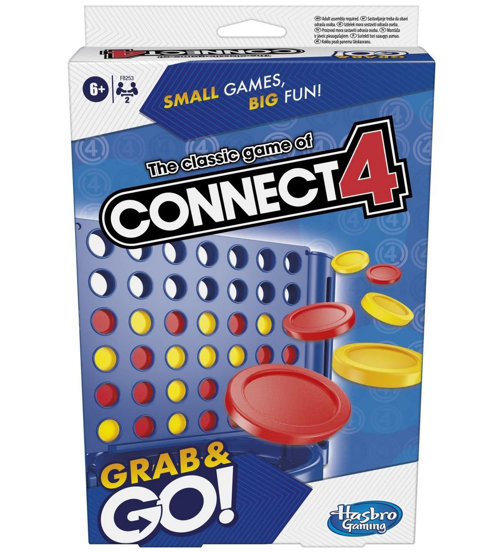 Connect 4 Grab & Go utazó társasjáték doboza, klasszikus négyet egy sorba játékkal és színes korongokkal.