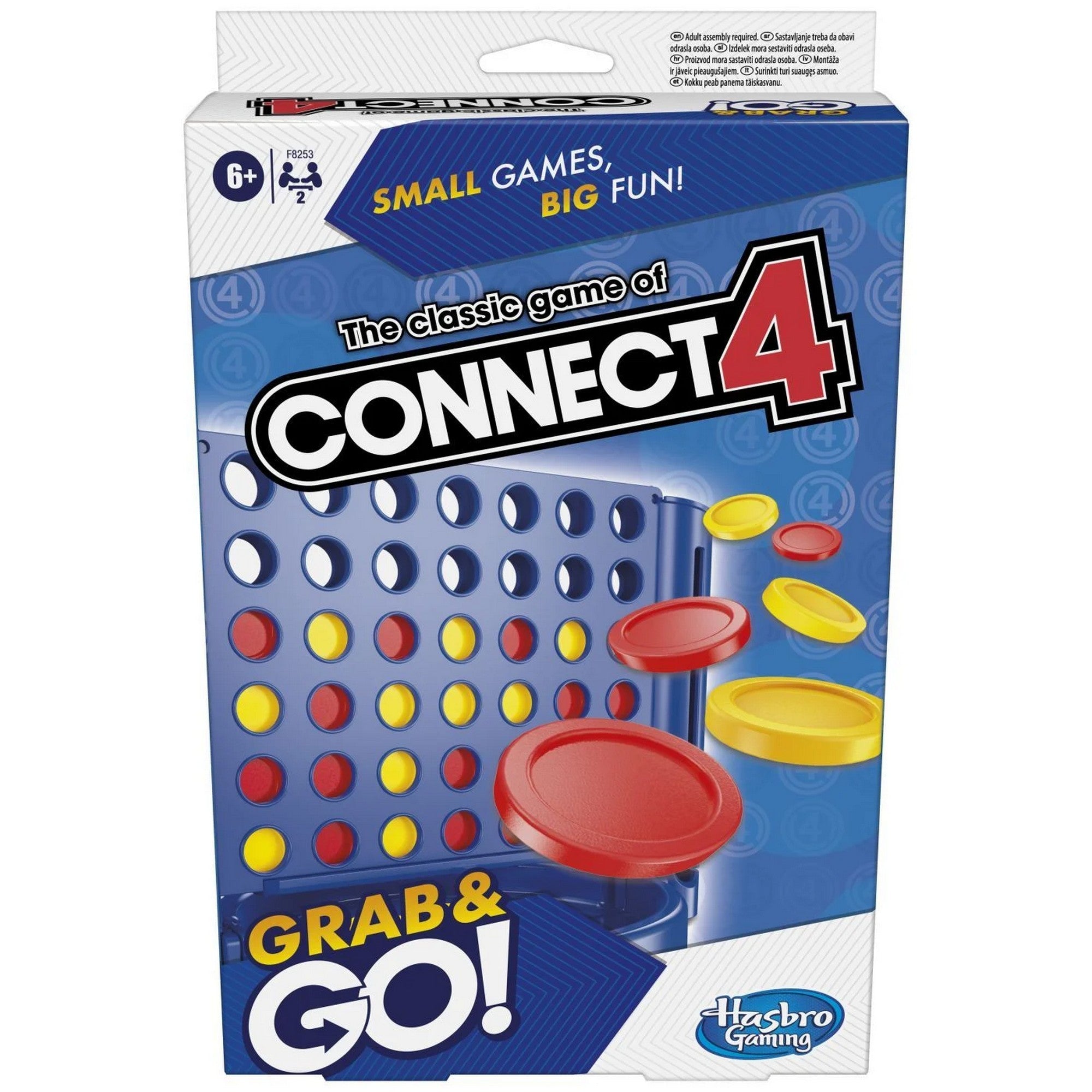 Connect 4 Grab & Go utazó társasjáték doboza, klasszikus négyet egy sorba játékkal és színes korongokkal.