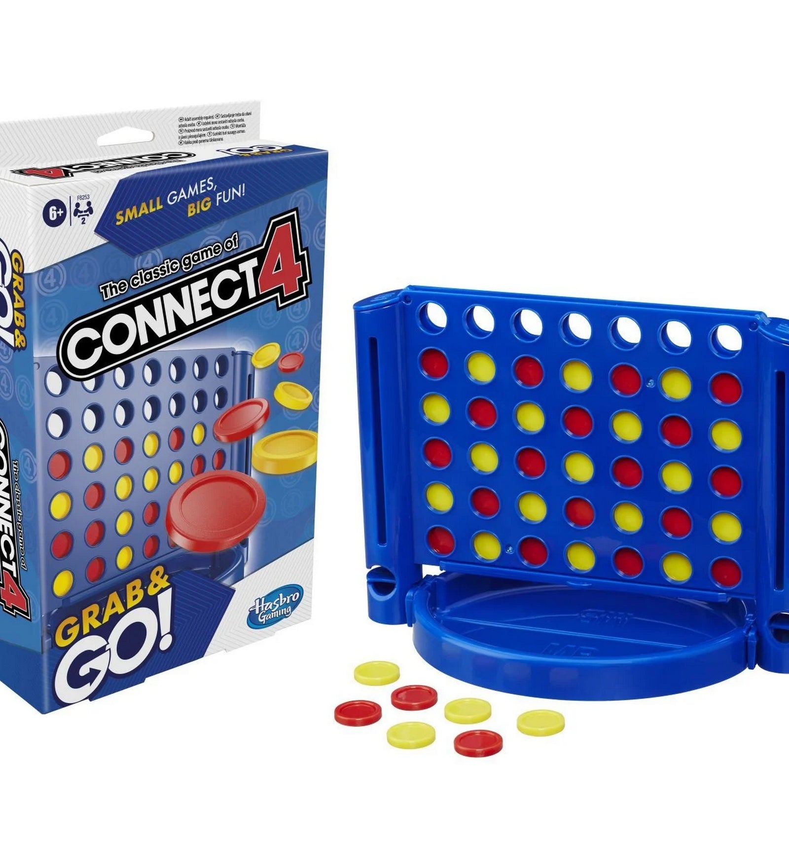 Connect 4 Grab & Go társasjáték doboza és játéktáblája együtt, kompakt kivitelben, utazáshoz ideális méretben.