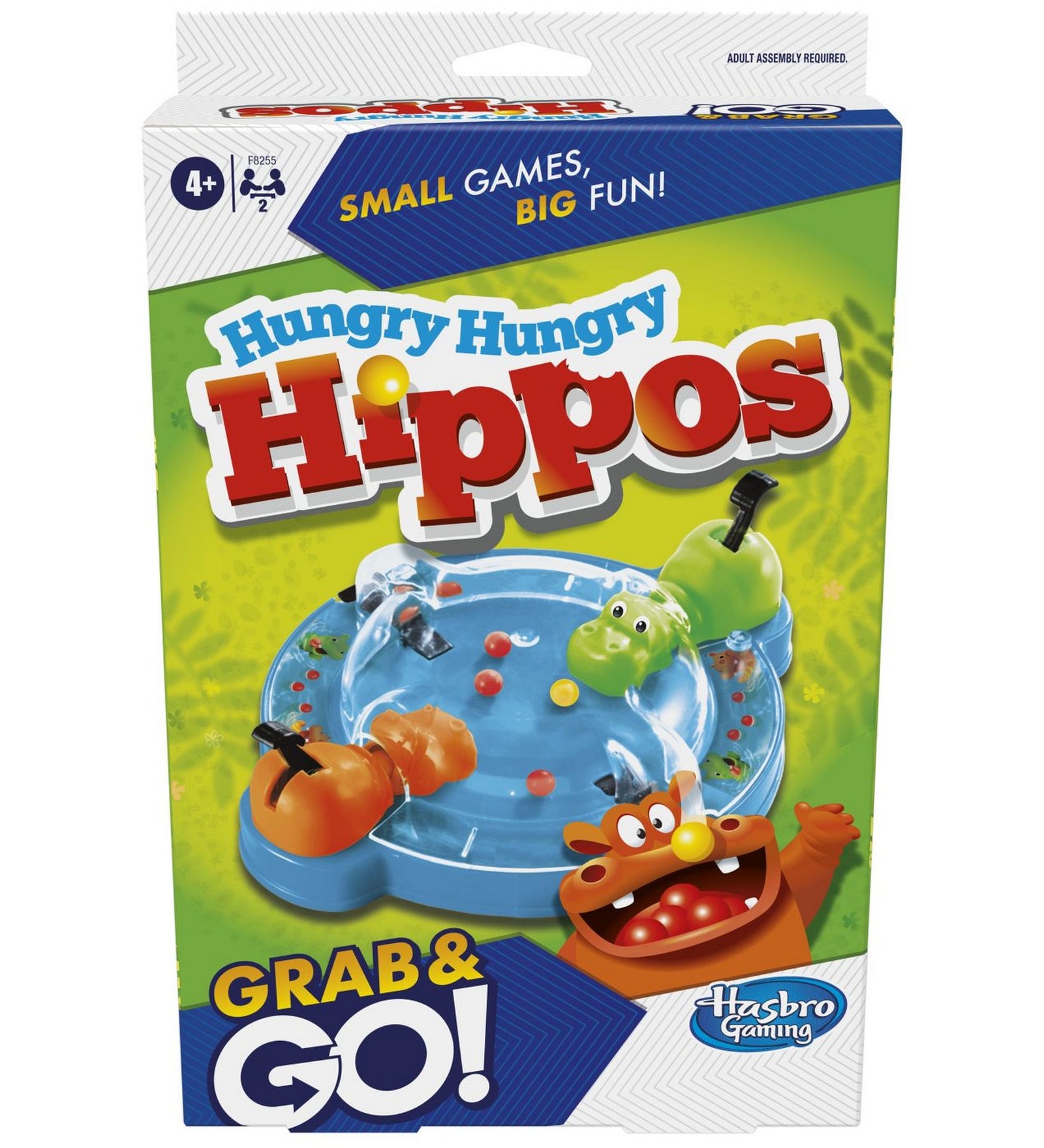 Hungry Hungry Hippos Grab & Go utazó társasjáték doboza, vidám víziló figurákkal és kompakt kivitelben.