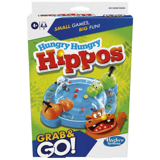 Hungry Hungry Hippos Grab & Go utazó társasjáték doboza, vidám víziló figurákkal és kompakt kivitelben.