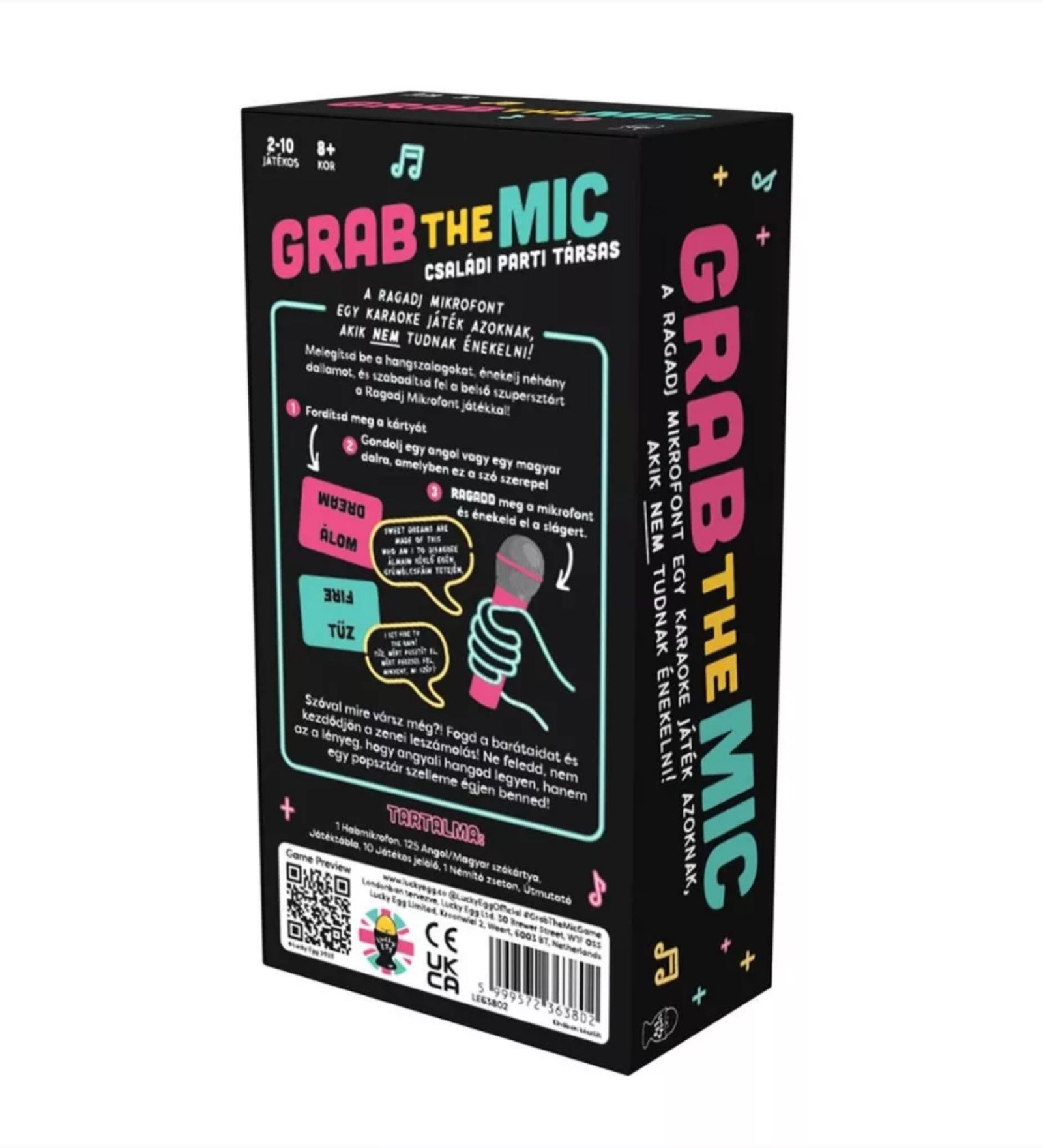 A Grab the Mic karaoke társasjáték dobozának hátoldala, játékismertetővel és mikrofonos illusztrációval.