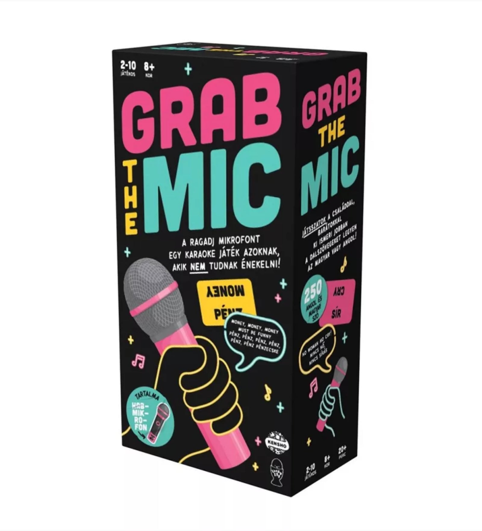 A Grab the Mic társasjáték doboza, élénk színes dizájnnal és mikrofont ábrázoló grafikával.