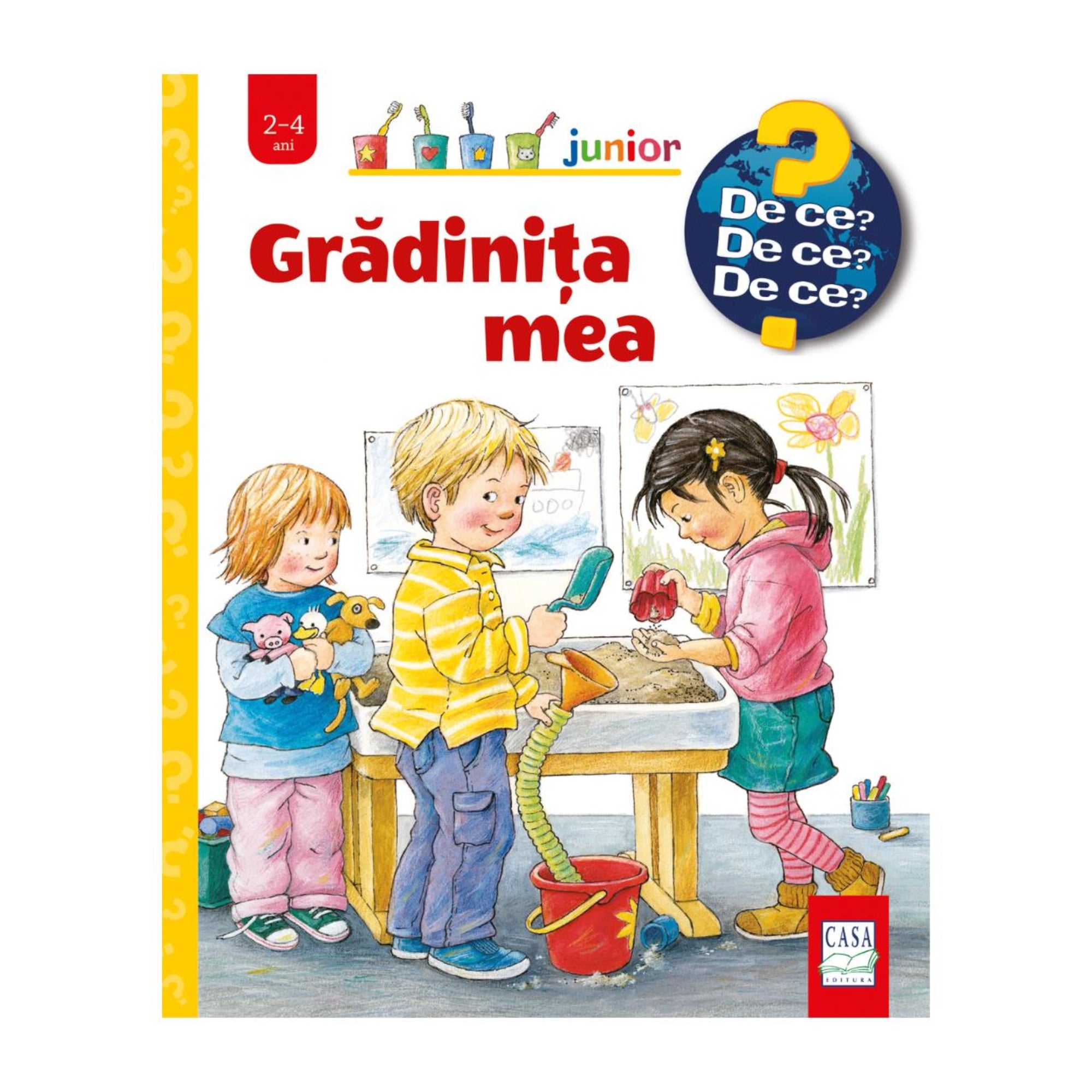 Grădinița mea – gyerekkönyv borító, amelyen három kisgyerek játszik az óvodában: egyik homokasztalnál lapátol, másik figyeli, a harmadik plüssállatokat ölel.