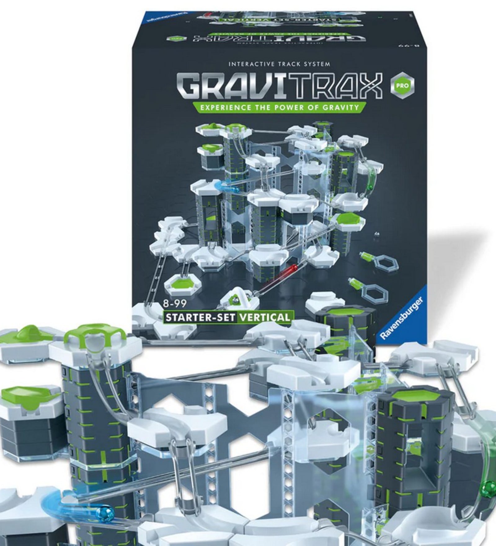 GraviTrax PRO Starter-Set Vertical doboz és megépített pálya együtt, átlátszó sínekkel és toronyelemekkel